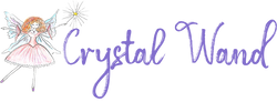 Crystal Wand scripted written logo with a fairy casting a spell using a magic wand