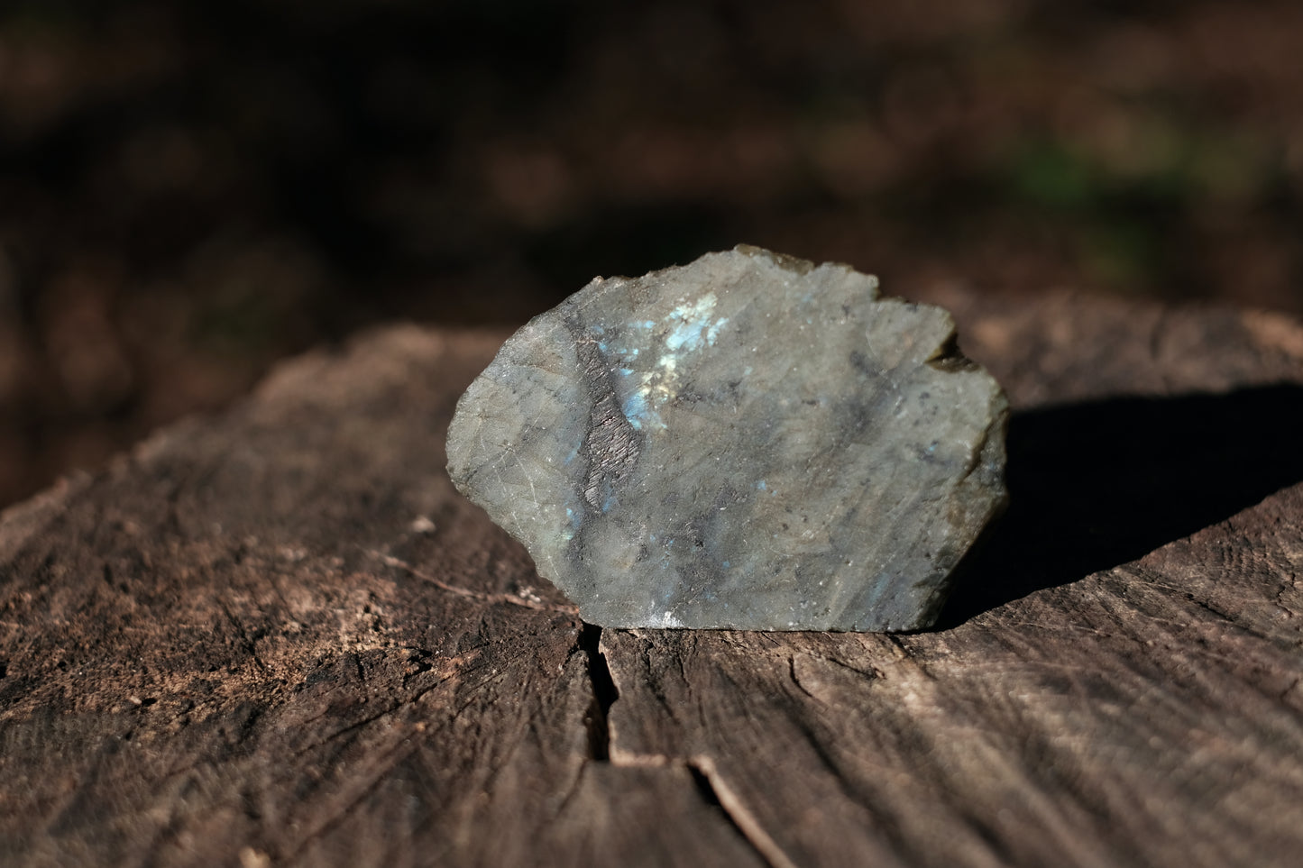 Crystal shard with iridescent texture and colour in the woods.