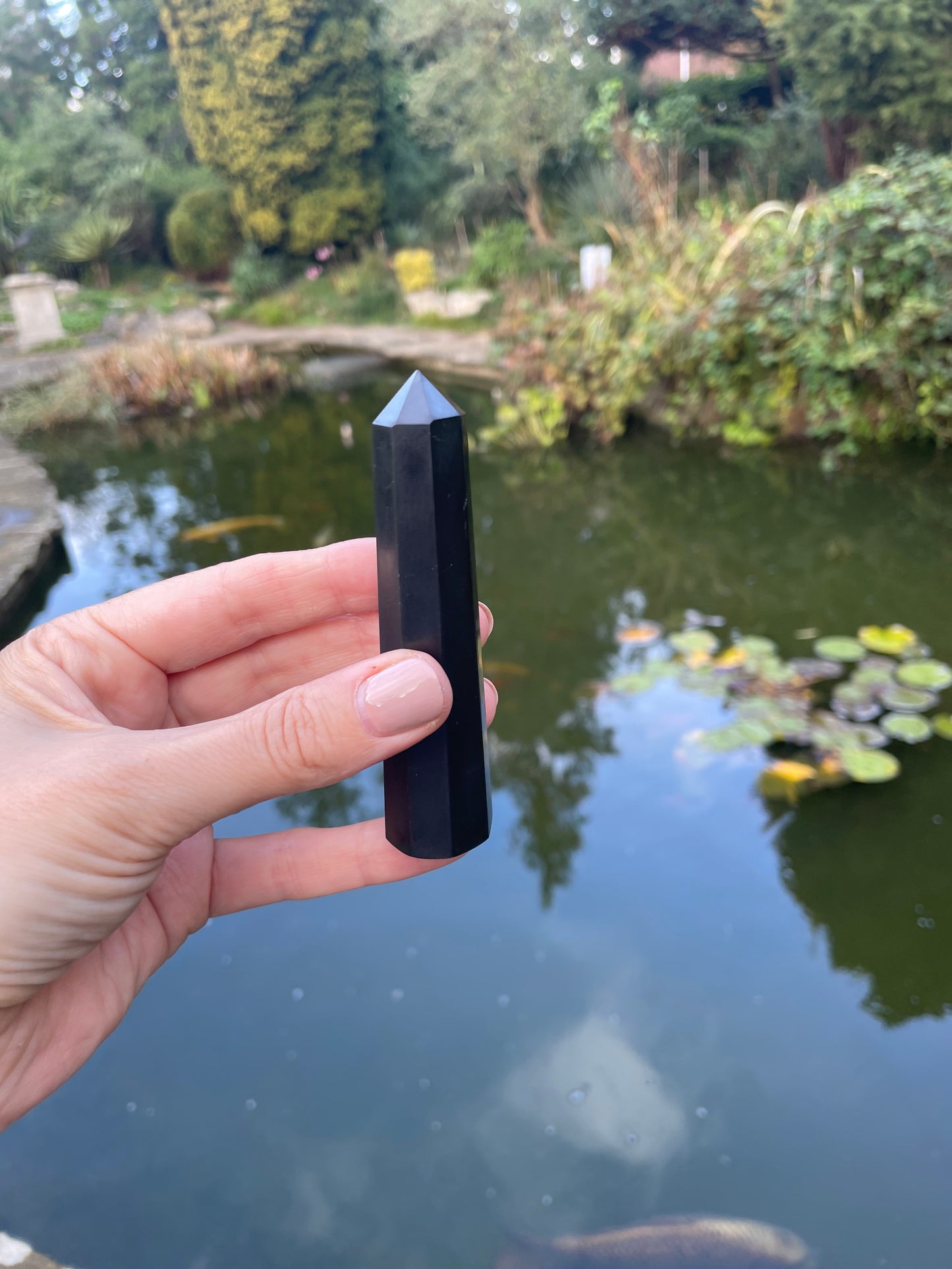 Model holding shungite black polished obilisk