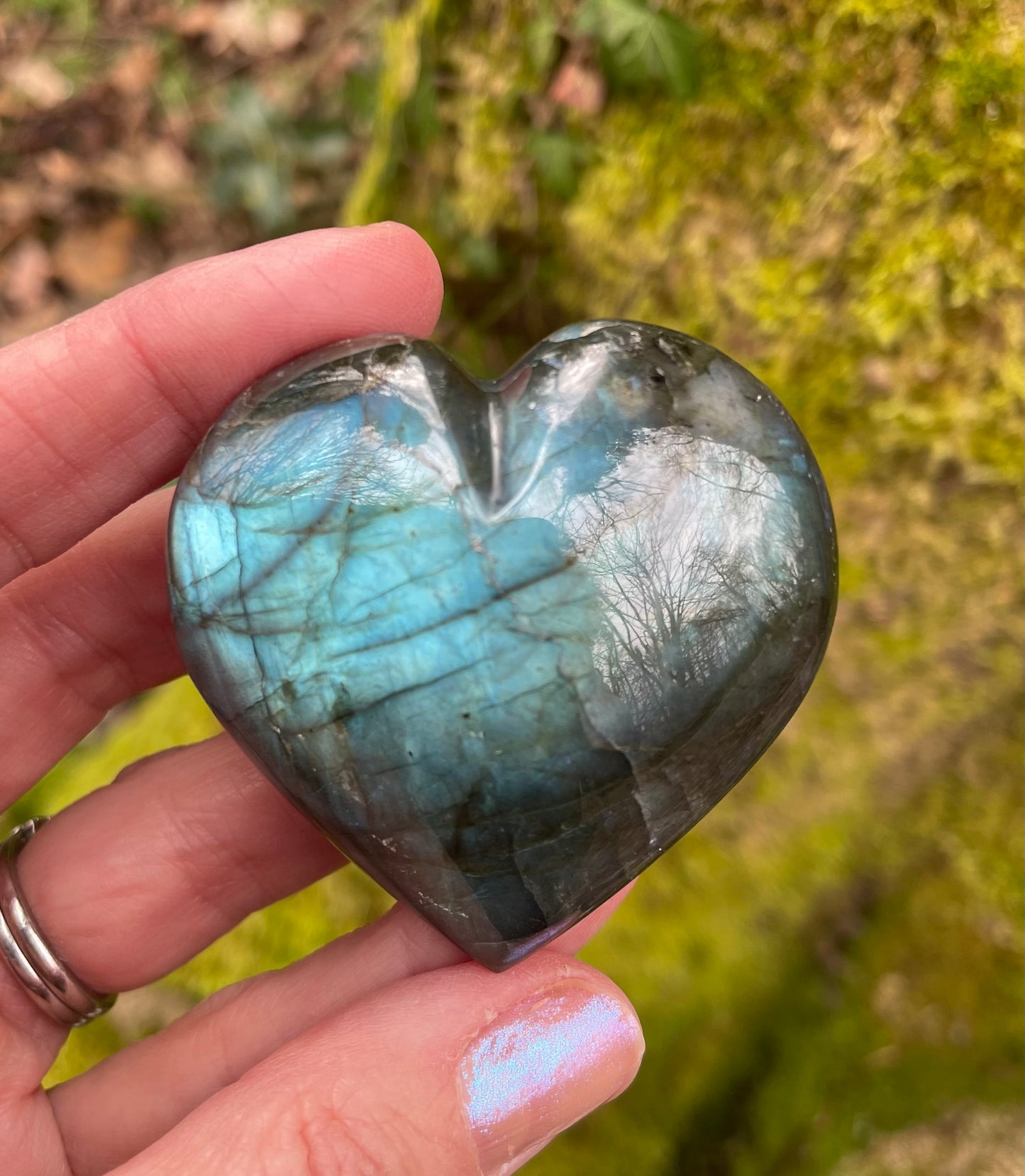 Heart shaped polished labradorite photographed in models hand in the woods