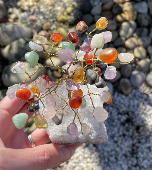 alt tag: Multi coloured tumble stone crystal tree with amethyst rough base