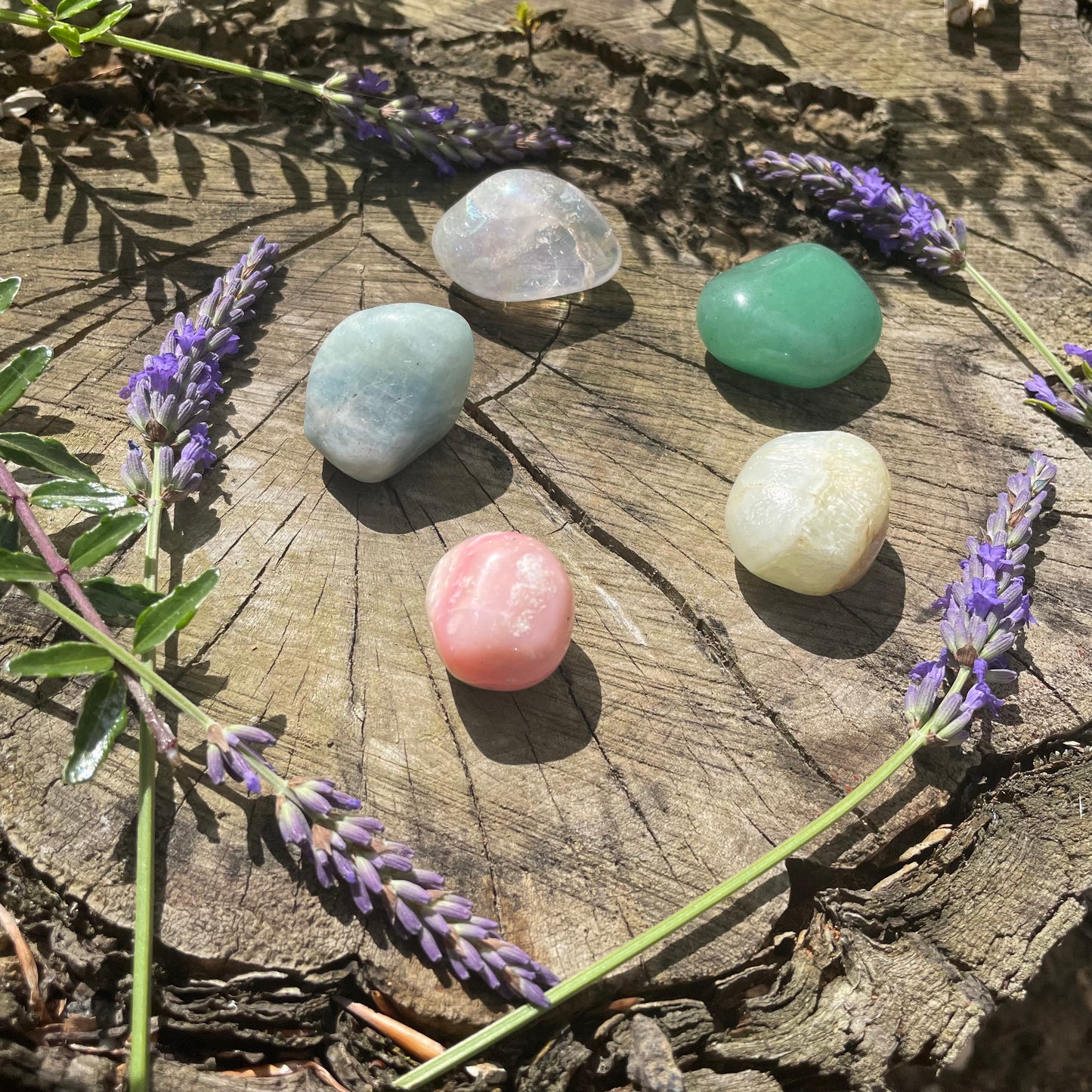 A set of five small smooth crystals sitting on a tree stump surrounded by lavender. The colours are different tones of green and pink.