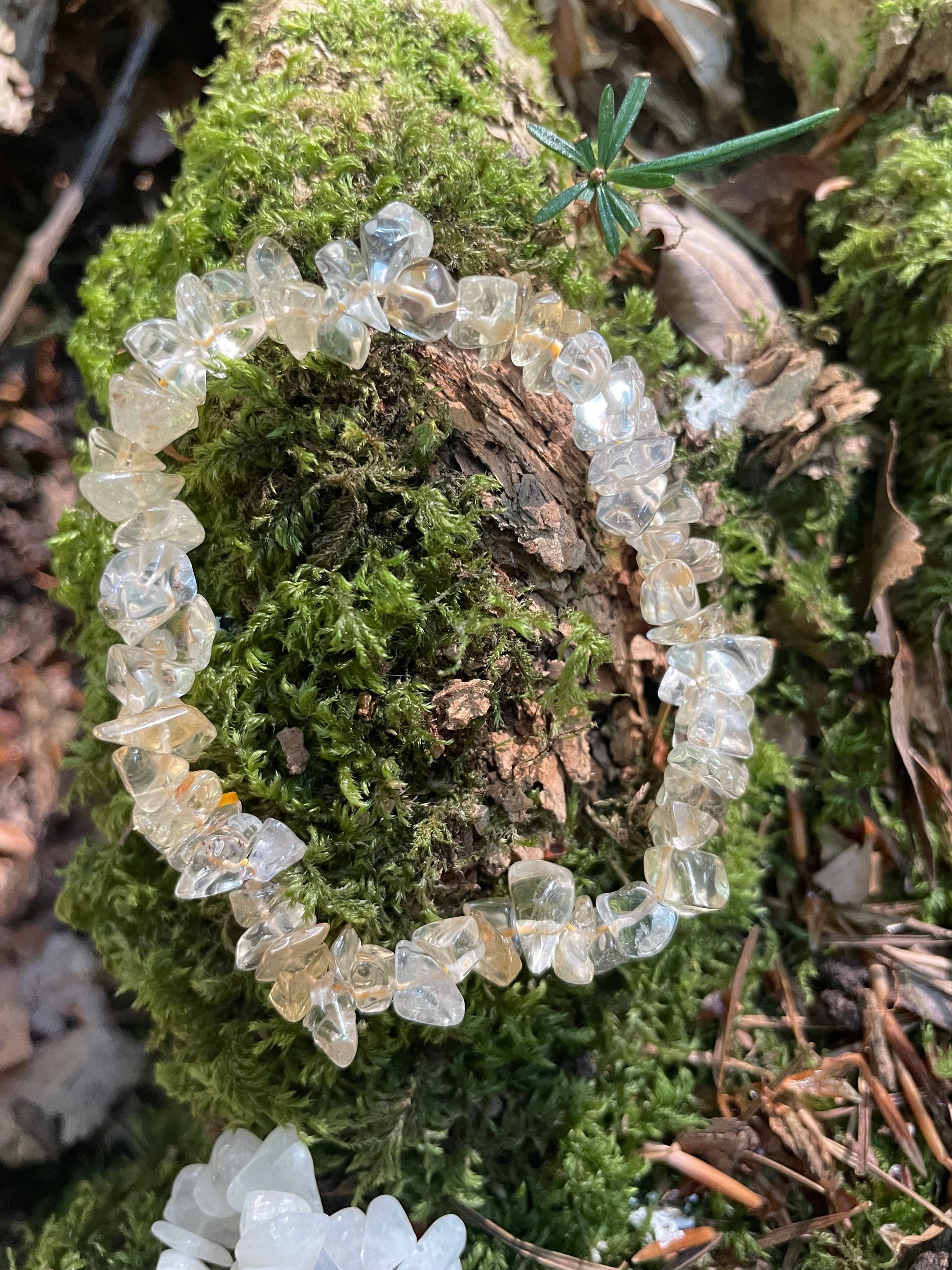 Yellow sunny crystal elasticated bracelet sitting on some moss.